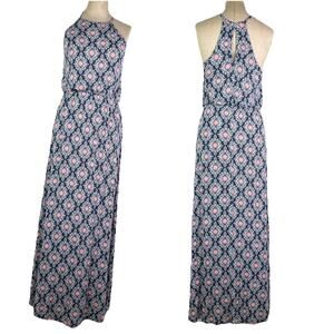French Grey Maxi Dress Fit Flare Damask print size M sleeveless, comfort, casual